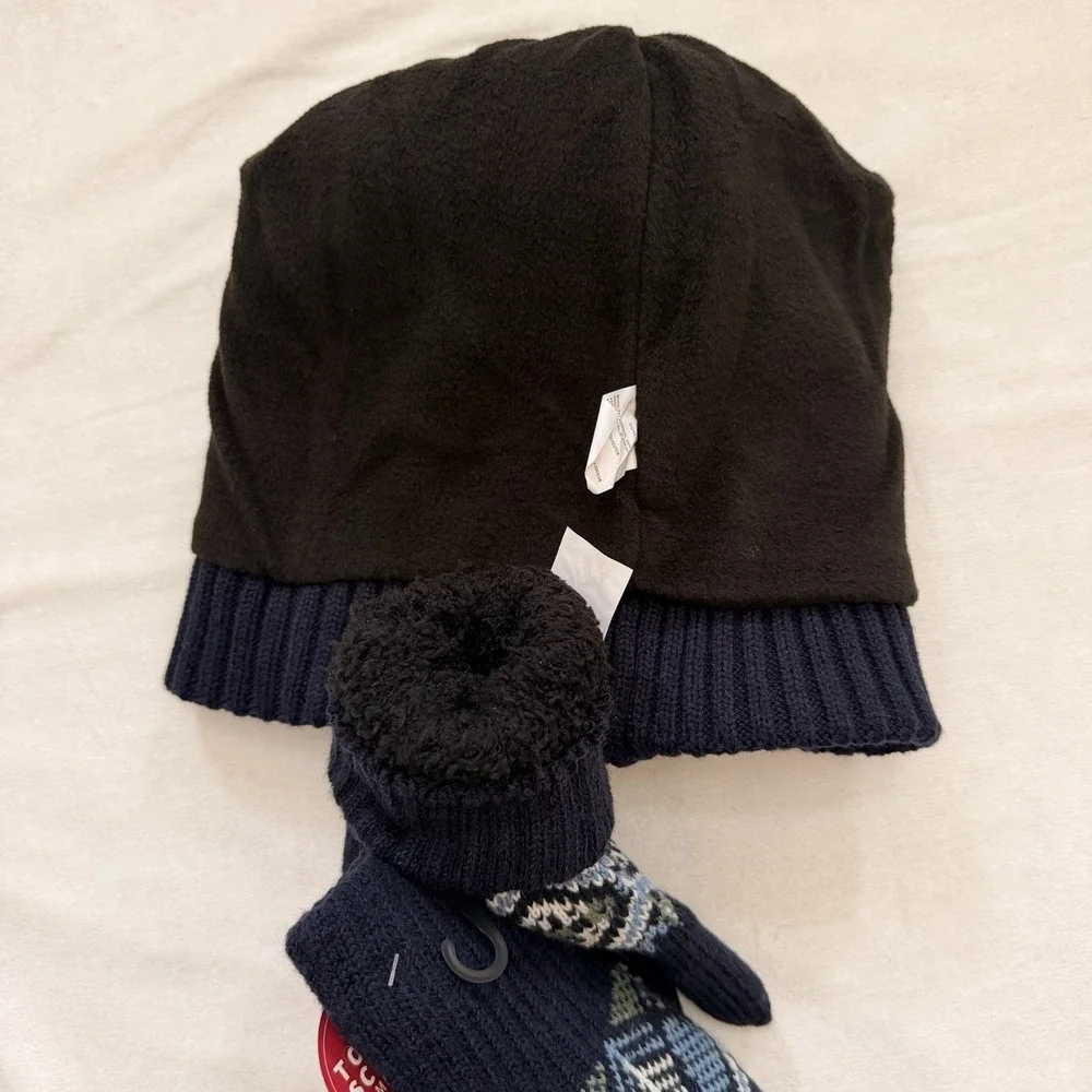 Muk Luks Women's Fair Isle Beanie Hat And Glove Set Black Gray,Blue Faux Fur Pom